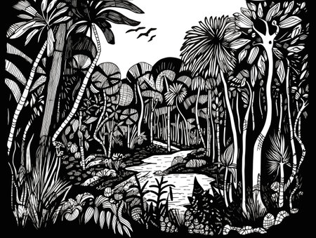 A Black And White Drawing Of A River In A Forest - hidden paradise minimalist linocut ink.のイラスト素材