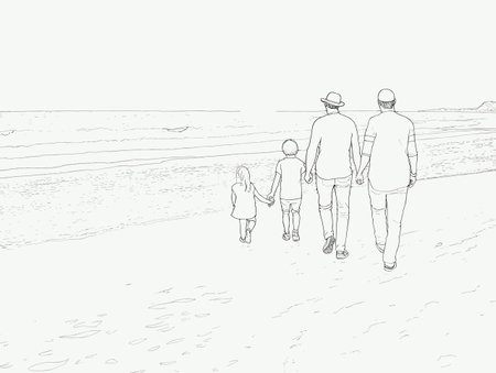 A Man And Two Children Walking On A Beach - Family on vacation walking on a beachのイラスト素材