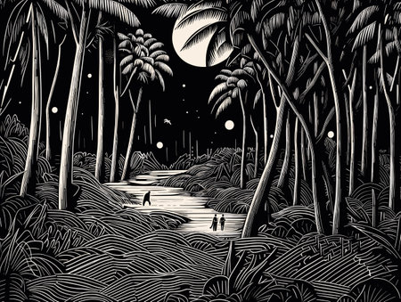 A Black And White Drawing Of A River In A Forest - hidden paradise minimalist linocut ink.のイラスト素材