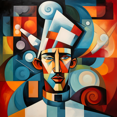 Analytical Cubism Portrait Of A Chef, A Painting Of A Man With Colorful Squaresの素材