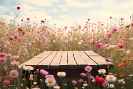An Image Of An Empty Wooden Platform, A Wooden Table In A Field Of Flowersの素材