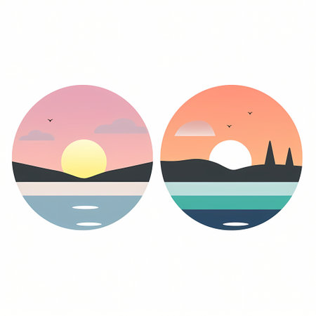 A Sea View 3 Pastel Color, A Two Circular Images Of A Sunsetの素材