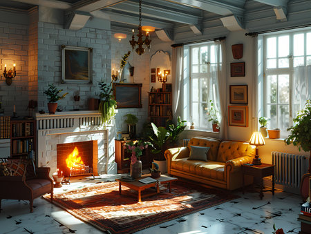 House Interior Walls Floor, A Living Room With A Fireplace And Couchの素材