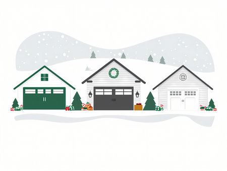 Temporary Rental Icon Set, A Group Of Houses With Garages In The Snowの素材