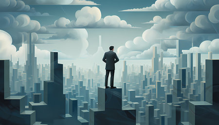 A Man Looking Through A Spyglass, A Man Standing On Top Of A Tall Buildingの素材