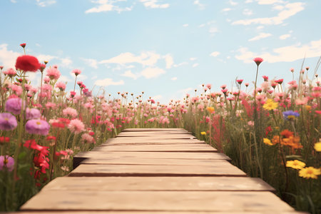 An Image Of An Empty Wooden Platform, A Wooden Walkway Leading To A Field Of Flowersの素材