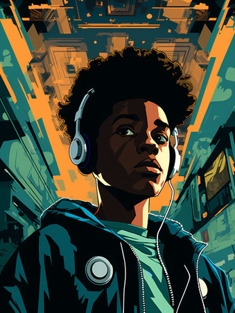 A Black Teenager Listening, A Boy Wearing Headphones And Looking Upの素材