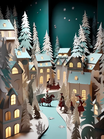 Paper Art Paper Cut Animation, A Paper Cut Out Of A Christmas Villageの素材