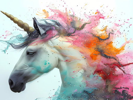 Unicorn Birthday Card With A Unicorn Face, A Unicorn With Colorful Hairの素材