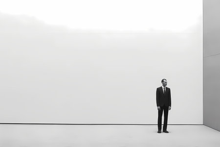 Diminished Minimalism Art, A Man In A Suit Standing In Front Of A White Wallの素材