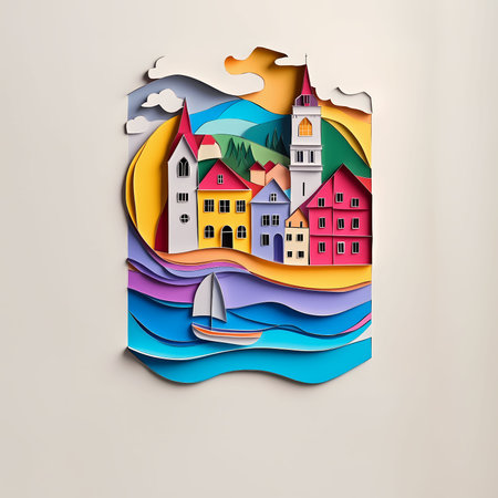Velbert, Germany, paper cut illustration - A paper cut of a city with a sailboatの素材