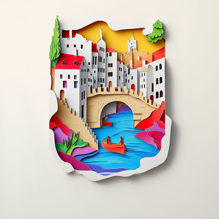 Dudley, England, paper cut illustration - A paper cut of a city with a bridgeの素材