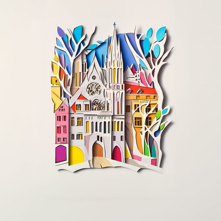 Wiener Neustadt, Austria, paper cut illustration - A paper cut of a church with treesの素材