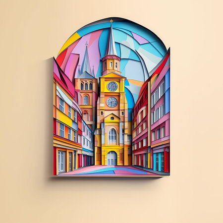 Blackburn, England, paper cut illustration - A painting of a church with a clock towerの素材