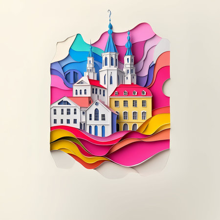 SeinÃ¤joki, Finland, paper cut illustration - A paper cut of a city with a mountain in the backgroundの素材
