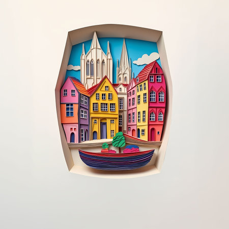 Chelmsford, England, paper cut illustration - A paper cut of a boat in a cityの素材