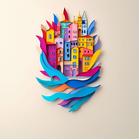 Badalona, Spain, paper cut illustration - A colorful city with a bird flying over itの素材