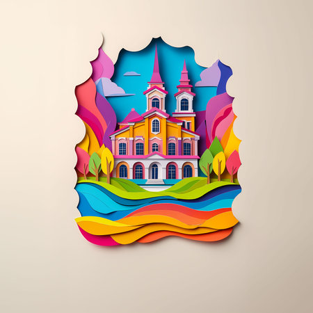 Auburn, Washington, paper cut illustration - A paper cut of a church with a rainbow colored landscapeの素材