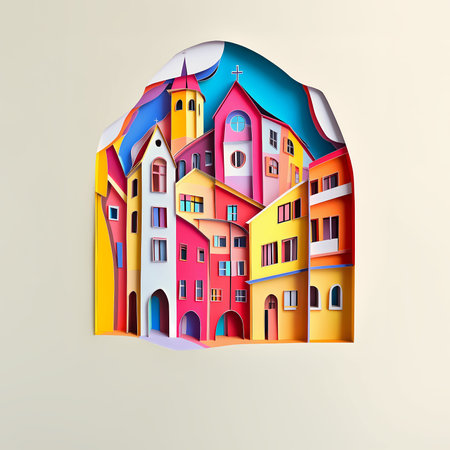 Gronau (Westf.), Germany, paper cut illustration - A paper cut of a city with a clockの素材