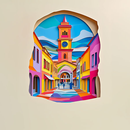 Centennial, Colorado, paper cut illustration - A colorful city with a clock tower in the middleの素材