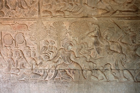 Carvings on wall and terrace of Angkor Wat, Siemreap, Khmer Republic.の写真素材