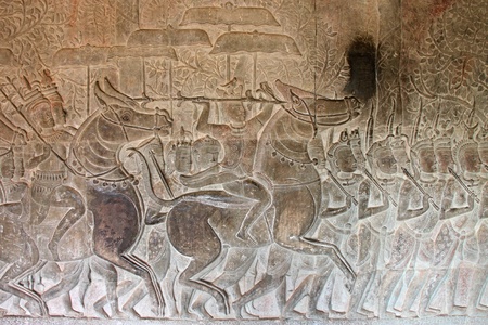Carvings on wall and terrace of Angkor Wat, Siemreap, Khmer Republic.