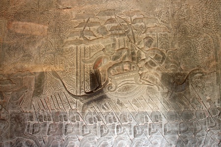 Carvings on wall and terrace of Angkor Wat, Siemreap, Khmer Republic.の写真素材