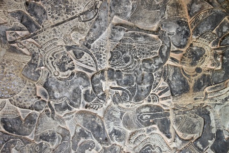 Carvings on wall and terrace of Angkor Wat, Siemreap, Khmer Republic.の写真素材