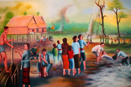(Public domain) Mural of traditional Thai lifestyle on wall of temple, Wat Pa Nachuak, Mahasarakhamのeditorial素材
