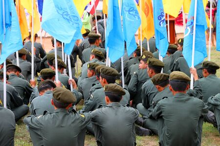 PAYAKKAPHUMPHISAI, MAHASARAKHAM - MAY 19 : Unidentified paraders are in traditional north-east Thai sky rocket ceremony and festival on May 19, 2012 at football playground, Payakkaphumphisai, Mahasarakham, Thailand.のeditorial素材
