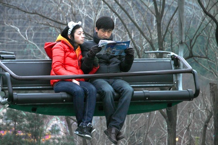 EVERLAND, YONGIN, KOREA - NOVEMBER 26 : Unidentified tourists are sitting on cable cars on November 26, 2011 at Everland, Yongin, Korea.のeditorial素材