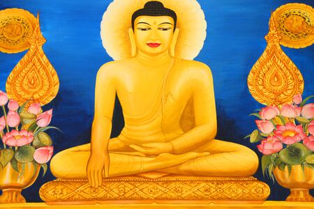 Painting on wall of temple, Wat Sri Sawat, Mahasarakham, Thailandのeditorial素材
