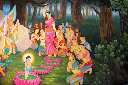 Buddha's biography painting on wall of temple, Wat Sri Sawat, Mahasarakham, Thailandのeditorial素材