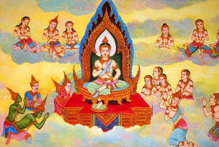 Buddha's biography painting on wall of temple, Wat Sri Sawat, Mahasarakham, Thailandのeditorial素材