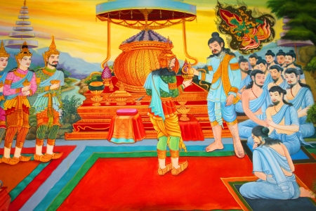 Buddha's biography painting on wall of temple, Wat Sri Sawat, Mahasarakham, Thailandのeditorial素材