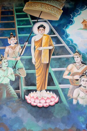 Buddha's biography painting on wall of temple, Wat Kud Sui, Mahasarakham, Thailandのeditorial素材