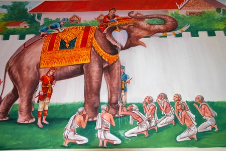 Buddha's biography painting on wall of temple, Wat Kud Sui, Mahasarakham, Thailandのeditorial素材