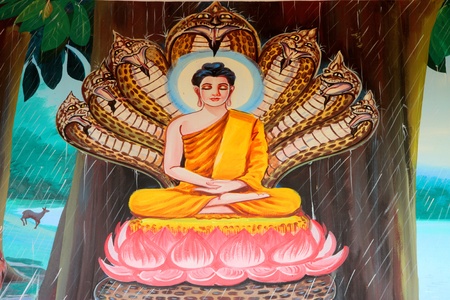 Buddha's biography painting on wall of temple, Wat Kud Sui, Mahasarakham, Thailandのeditorial素材