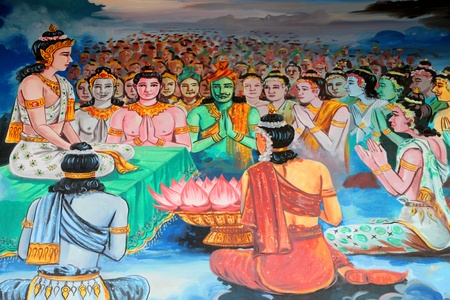 Buddha's biography painting on wall of temple, Wat Kud Sui, Mahasarakham, Thailand