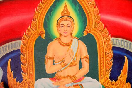Buddha's biography painting on wall of temple, Wat Pa Samoson, Mahasarakham, Thailandのeditorial素材