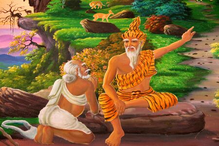 Buddha's biography painting on wall of temple, Wat Pa Samoson, Mahasarakham, Thailandのeditorial素材