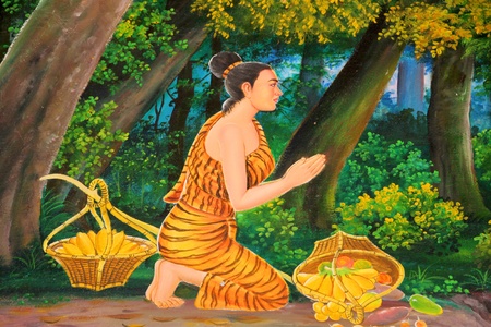 Buddha's biography painting on wall of temple, Wat Pa Samoson, Mahasarakham, Thailandのeditorial素材