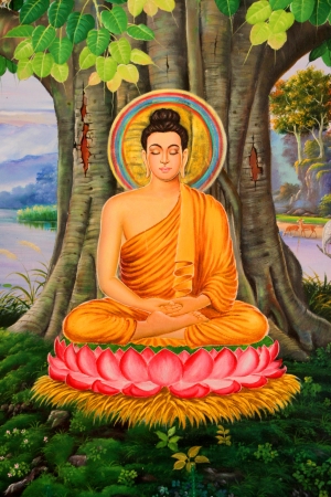 Buddha's biography painting on wall of temple, Wat Pa Samoson, Mahasarakham, Thailandのeditorial素材