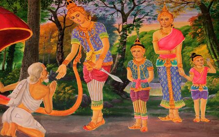 Buddha's biography painting on wall of temple, Wat Pa Samoson, Mahasarakham, Thailandのeditorial素材