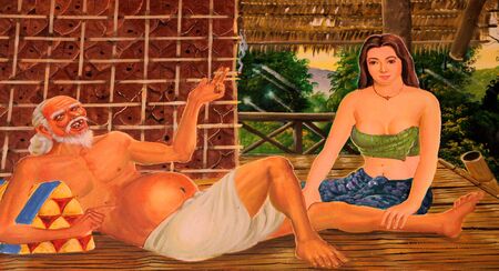 Buddha's biography painting on wall of temple, Wat Pa Samoson, Mahasarakham, Thailandのeditorial素材