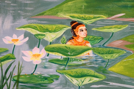 Vessantara, the tenth Bodhisattva, story of the Buddha in his tenth existence mural painting on wall of temple at Wat Suwannavat,Nong Jik village, Muang, Mahasarakham, Thailandのeditorial素材