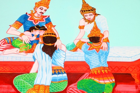 Vessantara, the tenth Bodhisattva, story of the Buddha in his tenth existence mural painting on wall of temple at Wat Suwannavat,Nong Jik village, Muang, Mahasarakham, Thailandのeditorial素材