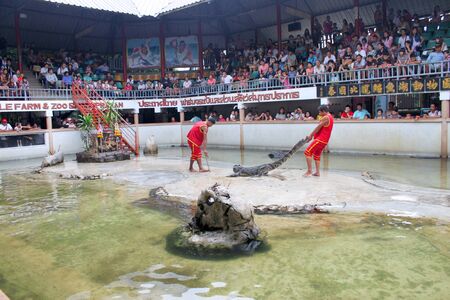 SAMUT PRAKAN, THAILAND - OCTOBER 17 : Unidentified men are performing in playing with crocodile show on October 17, 2010 at crocodile farm, Samut Prakan, Thailand. のeditorial素材