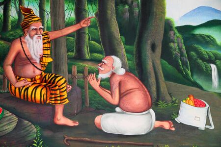 Buddha's biography painting on wall of temple, Wat Srathong Teparam, Nong Saeng Village, Kok Kor, Muang, Mahasarakham, Thailand.のeditorial素材