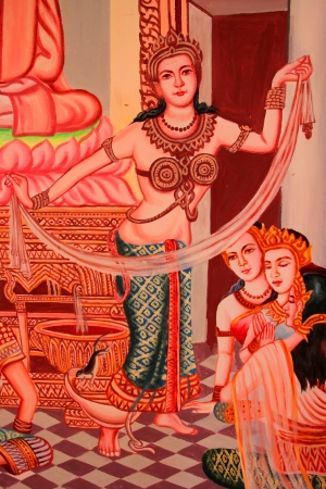 Buddha's biography painting on wall of Wat Non Tae, Tha song Kon, Mahasarakham, Thailand.